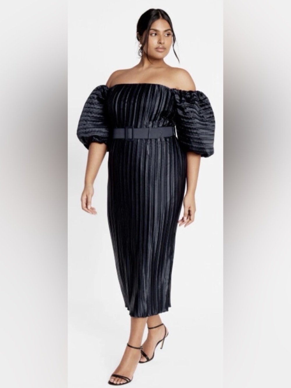 Elegant Pleated Midi Off the Shoulder Dress with Belt-Midnight Blue